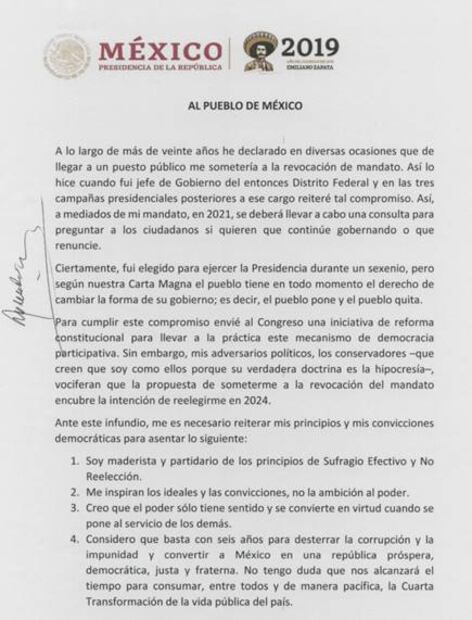 Esta es la carta con la que AMLO se compromete a no reelegirse