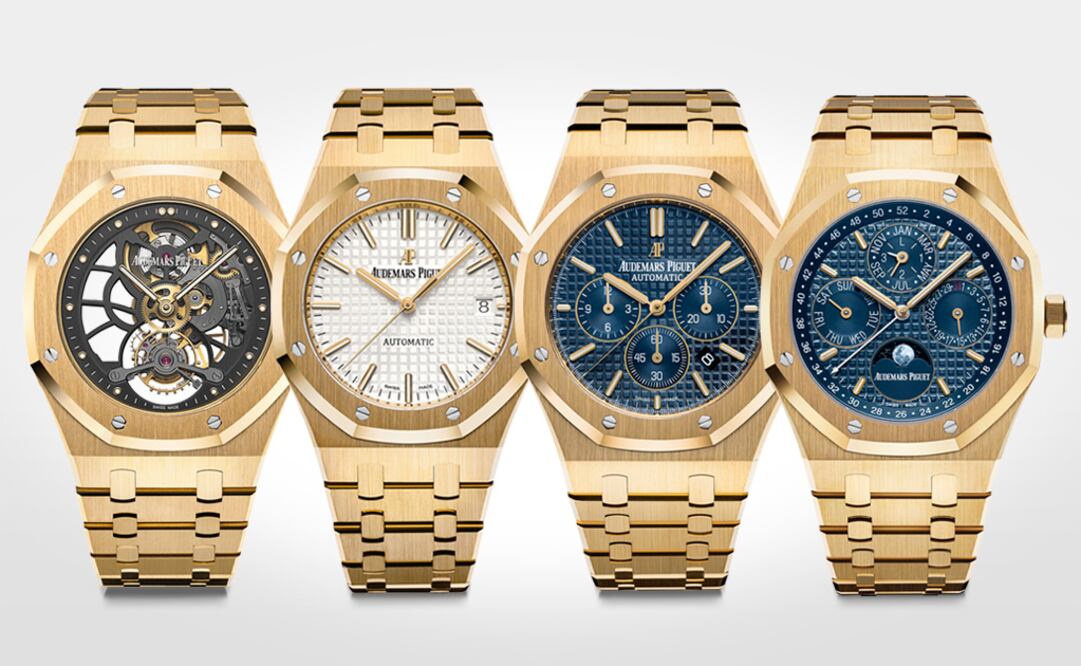 Cuatro Royal Oak de 2016 en oro amarillo: Tourbillon Extraplano Esqueletado; Automático; Cronógrafo, y Calendario Perpetuo