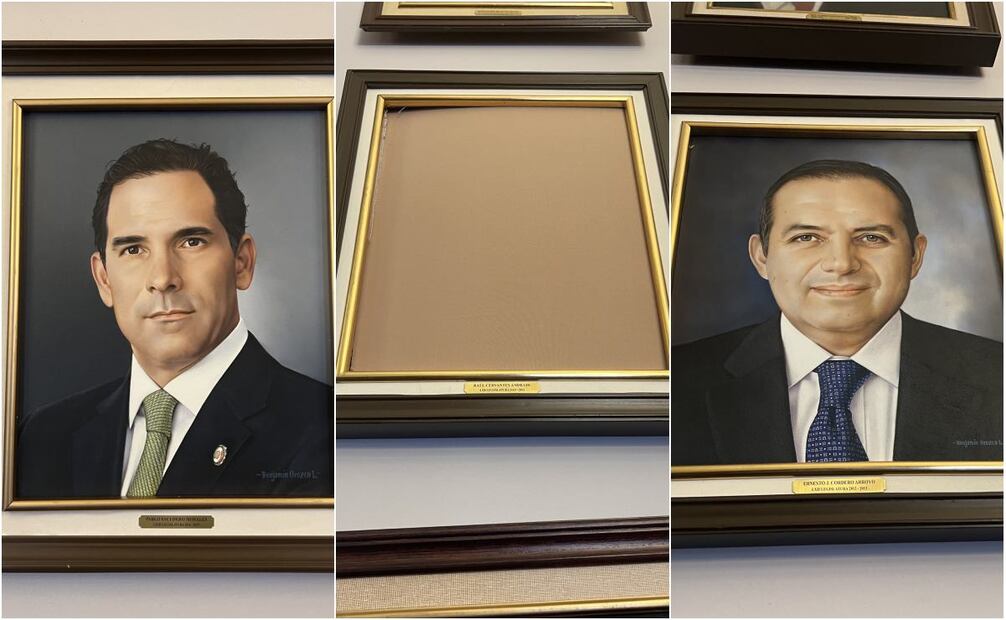 Retratos de Pablo Escudero, Raúl Cervantes y Ernesto Cordero en la Antigua Sede del Senado, Casona de Xicoténcatl. Foto: Especial