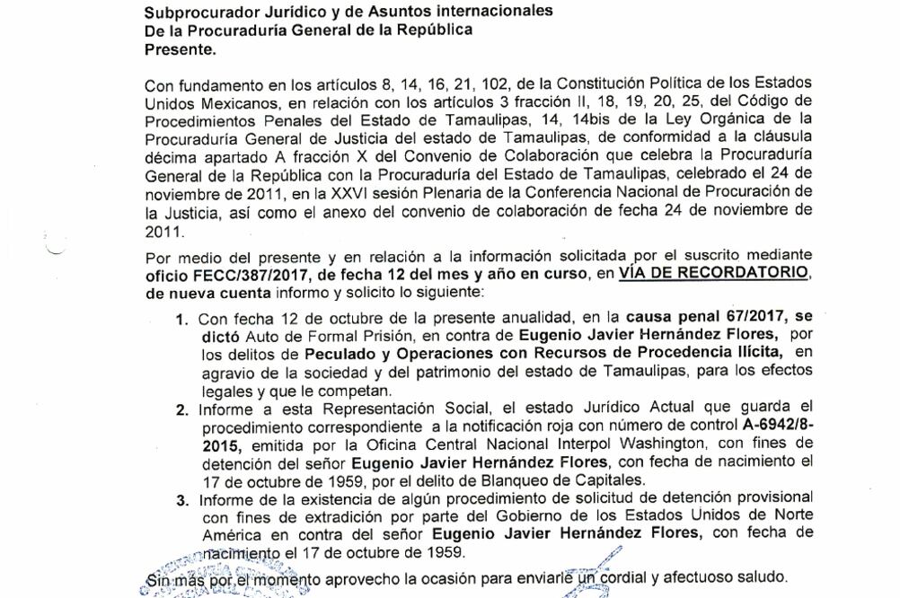 Documentos. La Procuraduría General de Justicia de Tamaulipas ha pedido a la PGR información completa sobre investigación de Hernández Flores