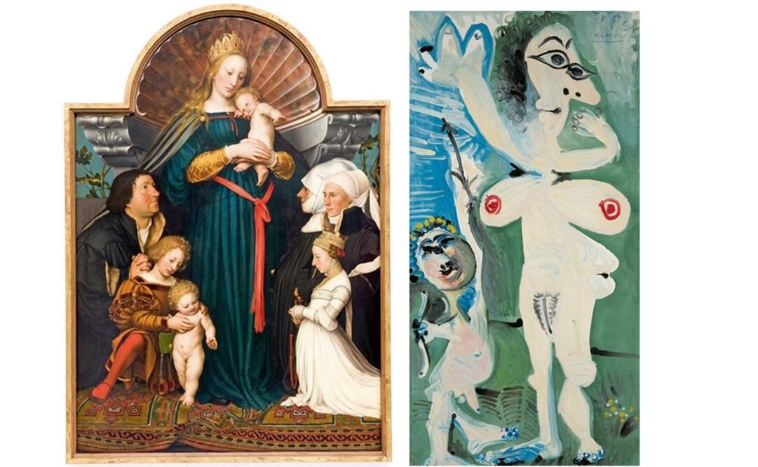 "La virgen del burgomaestre" del alemán Hans Holbein el Joven (izquierda) y 'Venus y Amor', pintura de Picasso del año 1968 (derecha). (FOTO: especial)
