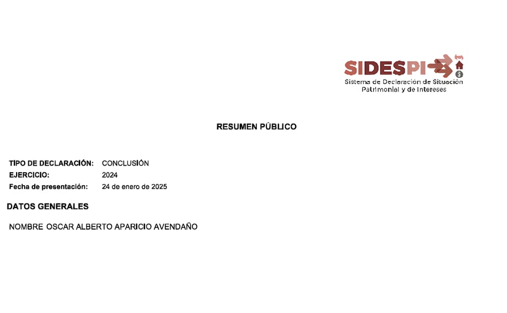 Declaración patrimonial de conclusión de Aparicio, cuando fungía como subsecretario de operación policial en Zacatecas. | Captura de su declaración patrimonial.