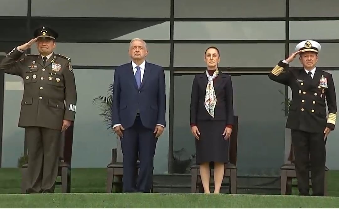 Encuentro de AMLO y Sheinbaum con las Fuerzas Armadas en el Heroico Colegio Militar. Foto: Captura
