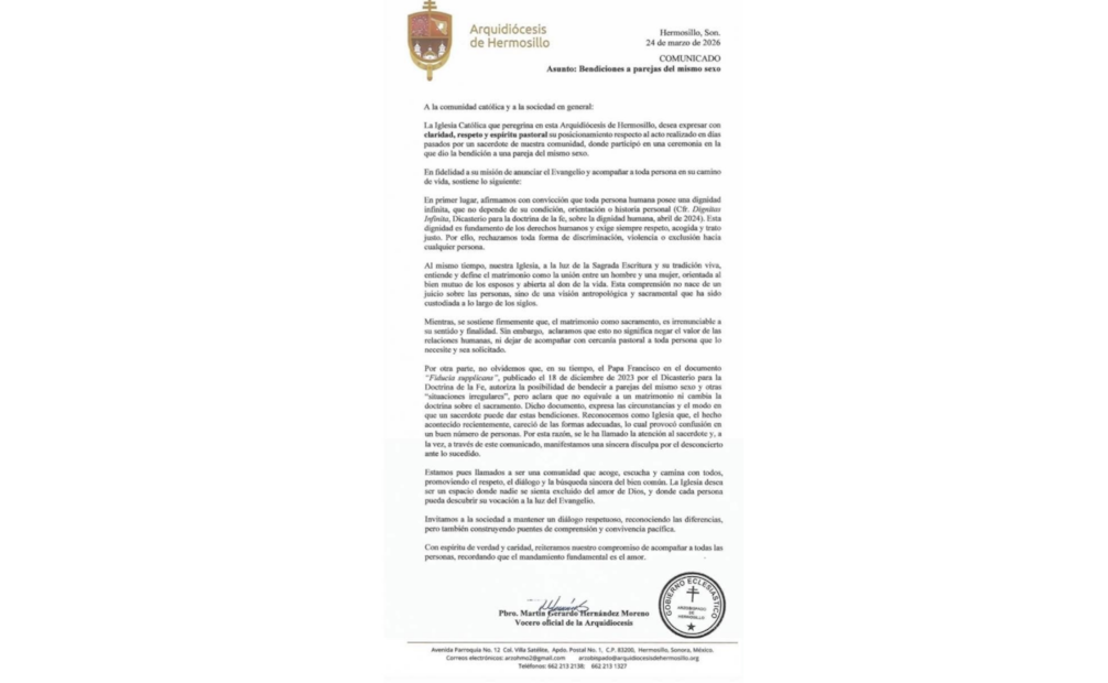 Arquidiócesis de Hermosillo llama la atención a sacerdote tras polémica por bendición a pareja del mismo sexo; ofrecen disculpa pública
Foto: Especial.