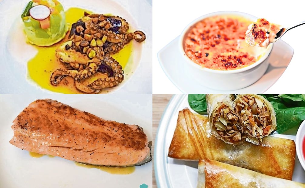 Pulpo a la menier, Platillo francés con mariscos, salsa clásica de mantequilla, avellana, perejil, alcaparras, vino blanco, ajo y caldo de pescado; Crème Brûlée, postre francés gourmet, caramelizado y aromatizado con vainilla. Se prepara con una base de nata, azúcar y yemas; Salmón glaseado con miel, Platillo que fusiona la cocina asiática con ingredientes occidentales: con lomos de salmón, aceite de oliva, salsa de soja, condimentos, jugo de limón; Rollos primavera, también conocidos como empanadas chinas o Chun Kun, es un rollo cocinado con una pasta rellena de diferentes verduras picadas estilo julianas. Foto: Especial