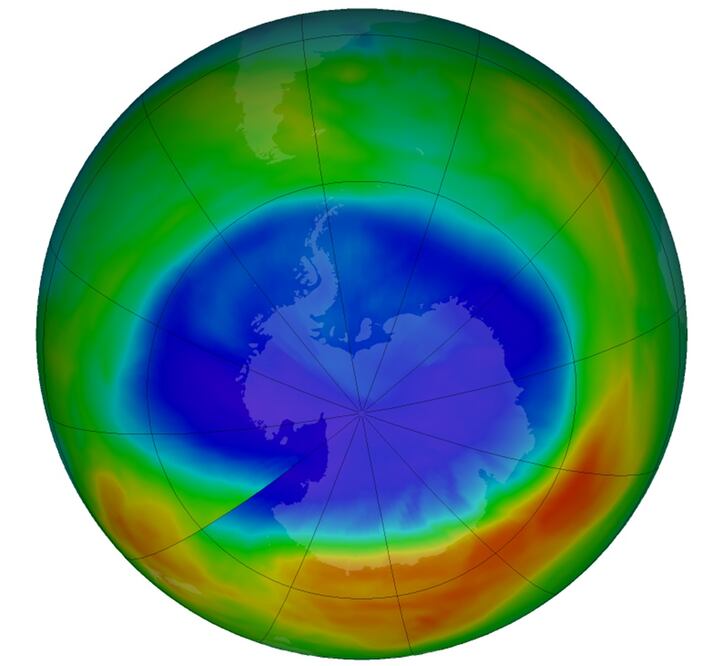 At its peak on September 11, 2017, the ozone hole extended across an area nearly two and a half times the size of the continental United States. The purple and blue colors are areas with the least ozone - Photo: Katy Mersmann/NASA and NASA Ozone Watch