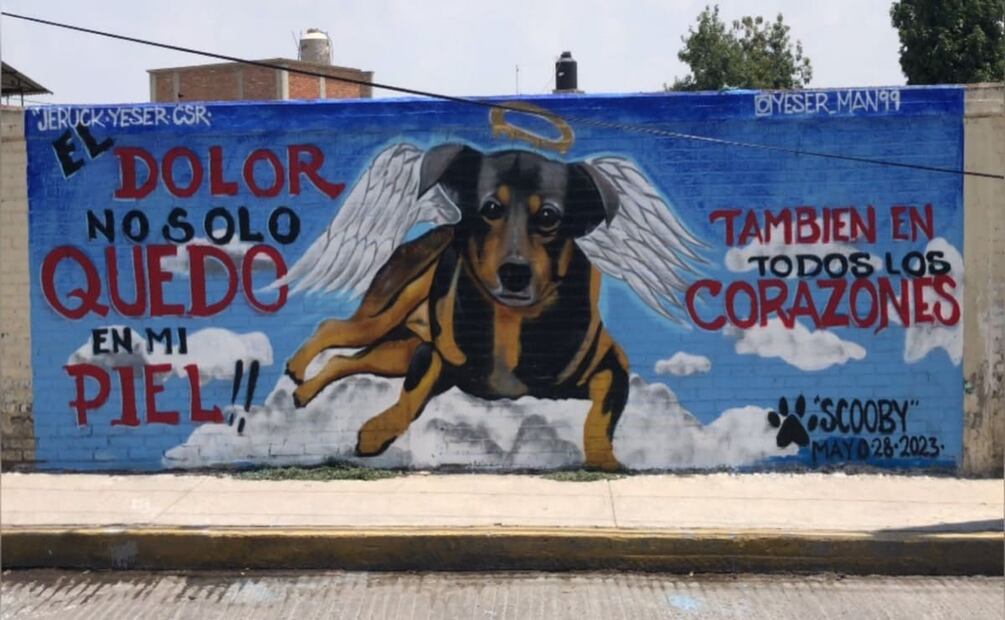 Mural en honor a Scooby, perro fallecido tras ser arrojado a un cazo con aceite hirviendo. Foto: Isidro Corro. EL UNIVERSAL