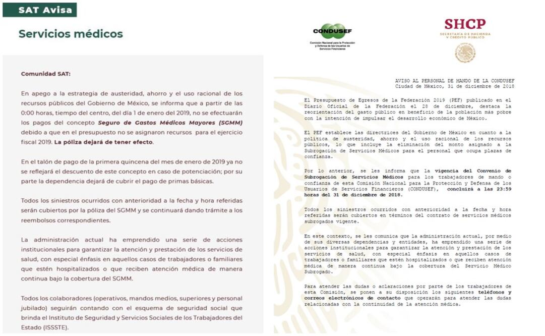 Comunicación interna enviada a trabajadores del SAT y Condusef. FOTOS: especiales