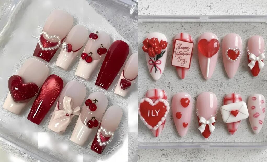 Las aplicaciones 3D con corazones, moños y pedrería crean una manicura maximalista. Foto: Etsy