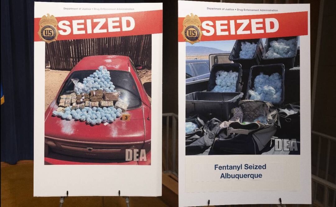 La fiscal general de EU, Pam Bondi, junto con funcionarios de la Administración para el Control de Drogas (DEA) y la Fiscalía del Distrito de Nuevo México, anuncia arrestos e incautaciones de drogas en un operativo encubierto de fentanilo en Nuevo México, durante una conferencia de prensa en el Departamento de Justicia en Washington, D.C., EU, el 6 de mayo de 2025. Bondi declaró que agentes federales incautaron 4 millones de dólares estadounidenses y varios millones de pastillas de fentanilo. Foto: EFE