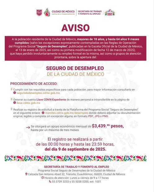 Seguro de Desempleo CDMX: ¿hasta qué hora me puedo registrar hoy, 9 de septiembre?; checa aquí. Fuente: Gobierno de México