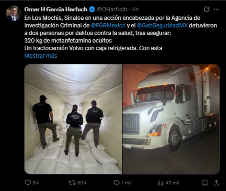 Omar García Harfuch, titular de la SSPC, anuncia detenciones y aseguramientos en operativos. Foto: Captura de pantalla de la cuenta de X de @OHarfuch