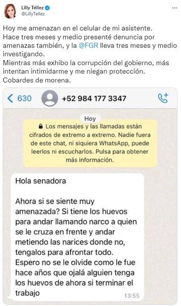 “Cobardes de Morena”: Lilly Téllez recibe nueva amenaza en el celular de su asistente