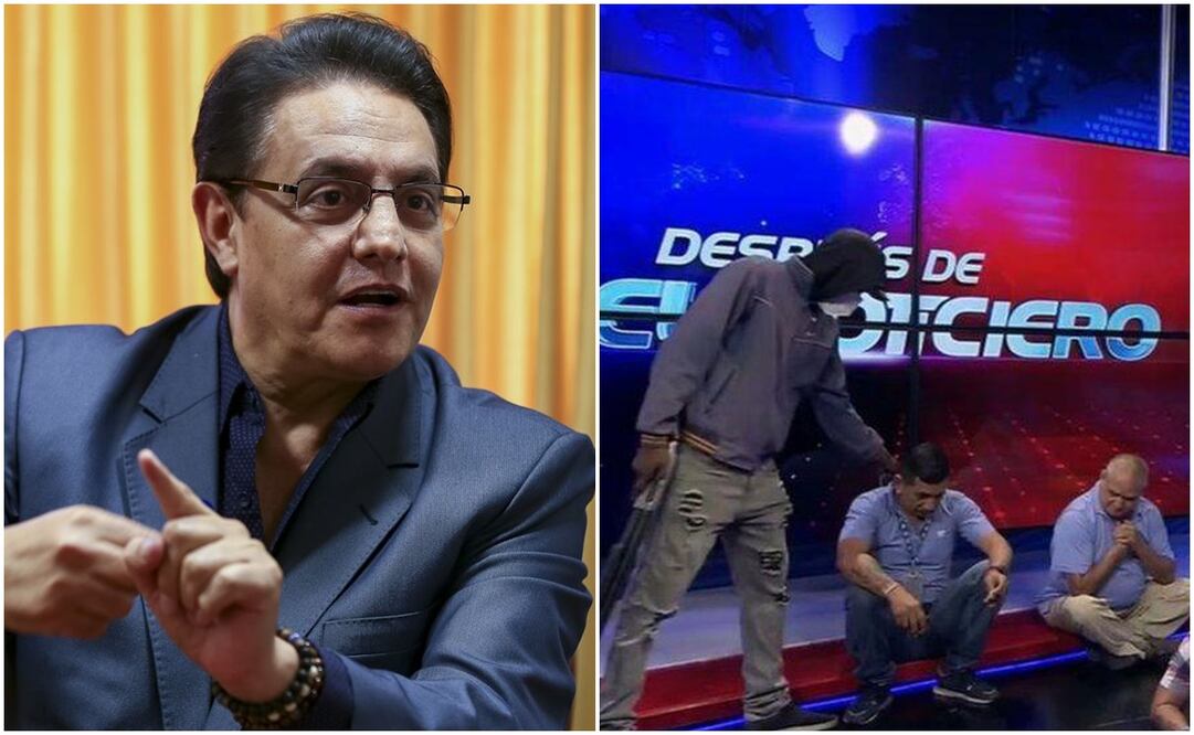 En agosto de 2023, Fernando Villavicencio, candidato a presidencial, fue asesinado a balazos tras salir de un mitin político en Quito. / Un comando fuertemente armado ocupó durante unas horas un canal de televisión en Guayaquil. Fotos: EFE