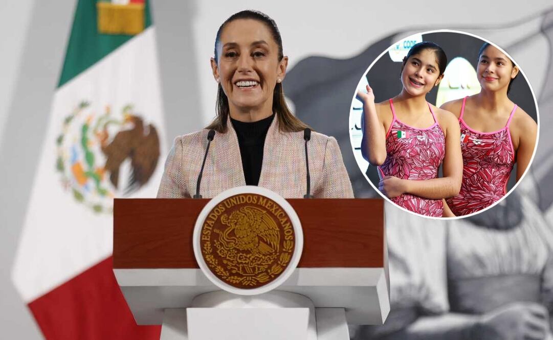Claudia Sheinbaum, presidenta de México, durante la mañanera del 29 de julio del 2025. Las clavadistas mexicanas Mía y Lia Cueva. Fotos: Diego Simón / EL UNIVERSAL y tomada de la cuenta de IG de @lia_cueva.
