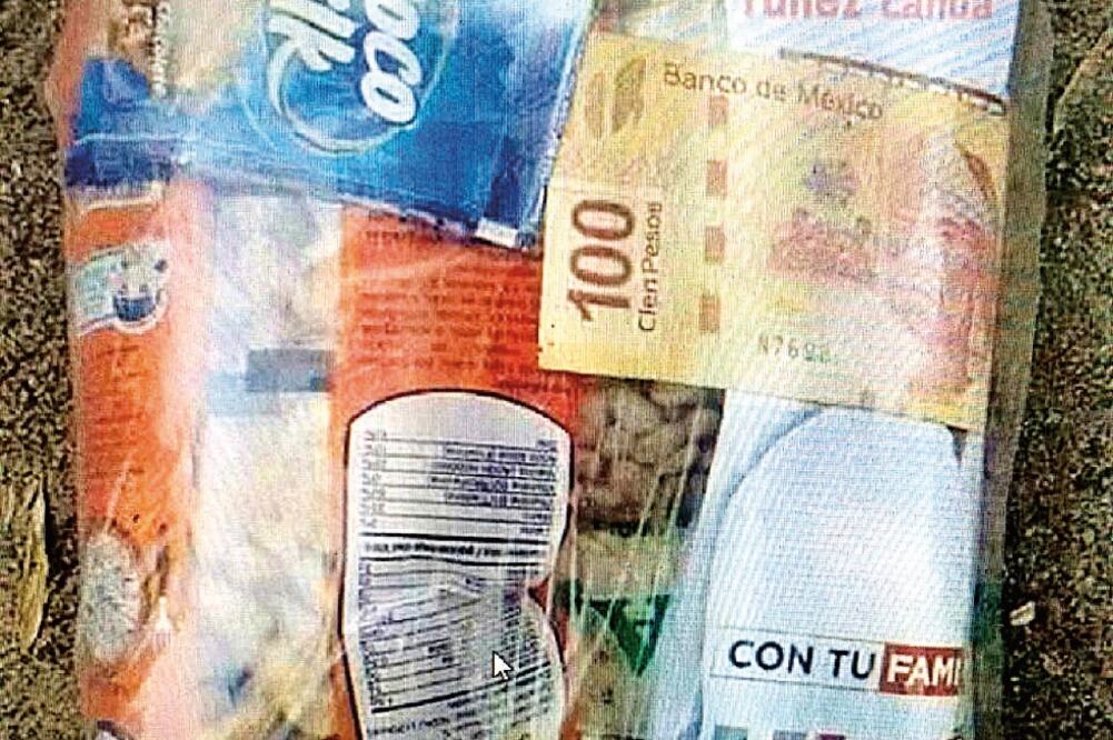 Ambas bolsas con alimentos básicos además contienen un billete de 100 (PRI) y 200 pesos (PAN). (ARCHIVO EL UNIVERSAL)