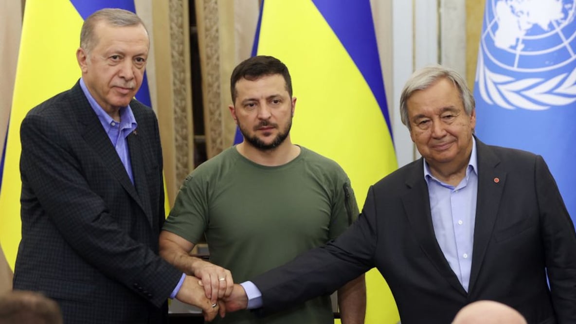 Erdogan, Zelensky y Guterres en la ciudad ucraniana de Leópolis. Foto: Getty Images