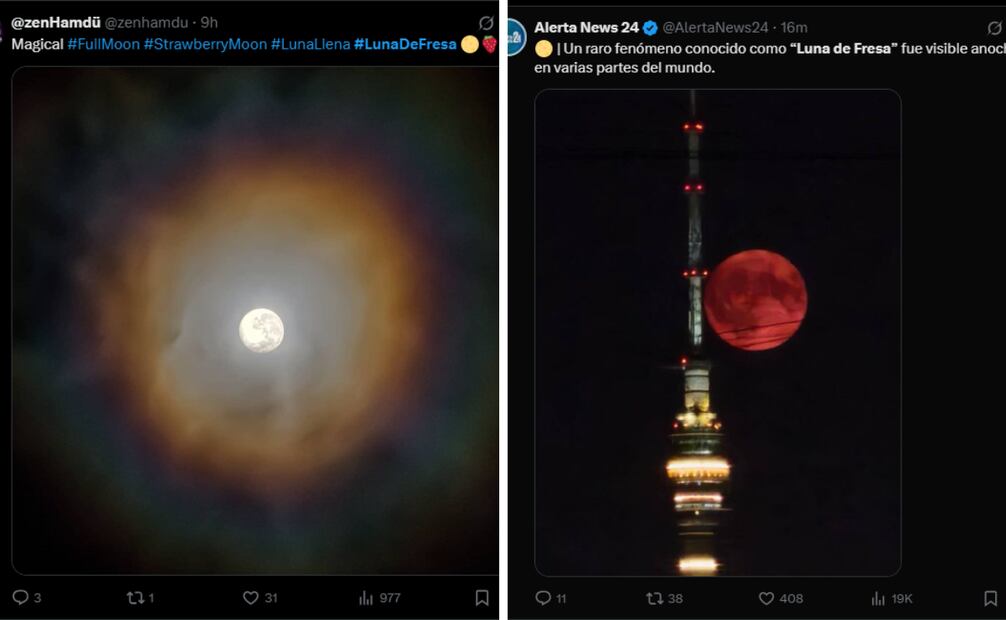 Así fue la luna llena de fresa,la madrugada del 11 de junio del 2025
Foto: Captura de pantalla en X