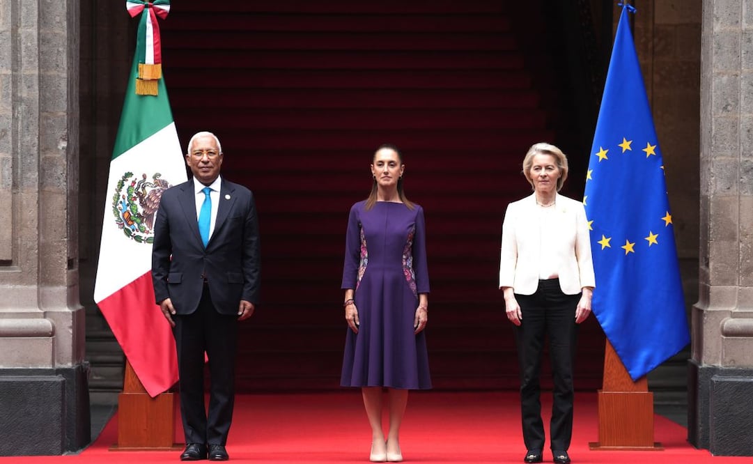 António Costa, el presidente del Consejo Europeo, António Costa, la presidenta de la Comisión Europea, Ursula von der Leyen, y la mandataria federal Claudia Sheinbaum, para la firma del Acuerdo Global Modernizado. Foto: X @Claudiashein