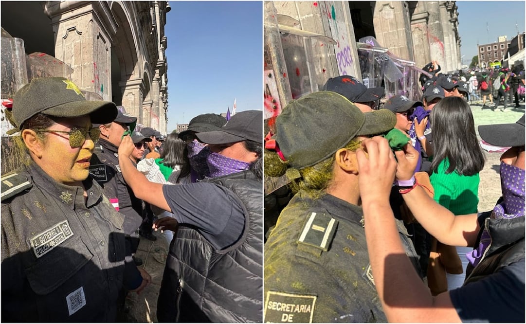 Lanzan brillanta feministas al Palacio de Gobierno y luego limpian el rostro de mujeres policías. Foto. Claudia González