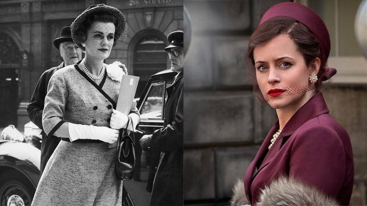 Margaret Campbell, duquesa de Argyll y Claire Foy como la duquesa de Argyll en "Un escándalo muy británico", llegando a los tribunales. Foto: Getty Images / BBC / Blueprint Pictures