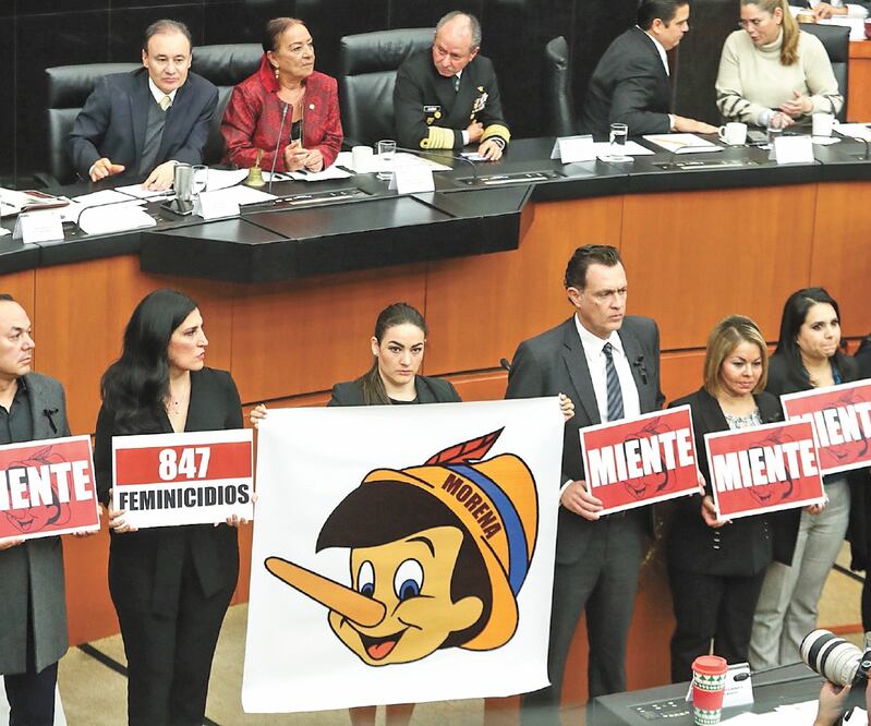 A manera de protesta, durante la comparecencia en el Senado del secretario de Seguridad, Alfonso Durazo, legisladores panistas utilizaron letreros con la imagen de Pinocho y con leyendas de “miente”. DIEGO SIMÓN SÁNCHEZ. EL UNIVERSAL