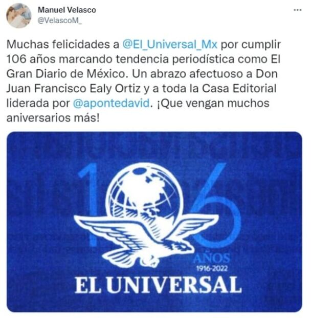 Felicitan a EL UNIVERSAL por el 106 aniversario de su fundación