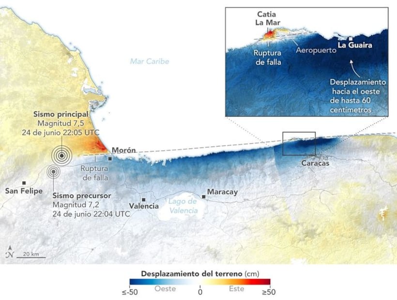 El desplazamiento de la superficie fue más intenso cerca de Caracas y La Guaira, Venezuela, tras los terremotos que sacudieron la región. Foto: Observatorio de la Tierra de la NASA / Lauren Dauphin