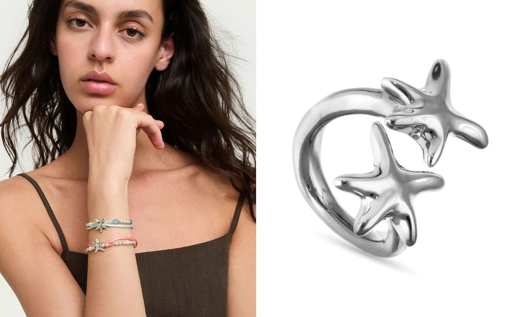 Desde piezas divertidas hasta diseños chunky y escultóricos. Pulseras con hilo de seda (Izq.) y anillo con estrellas de mar entrelazadas (Der.). Foto: Cortesía UNOde50