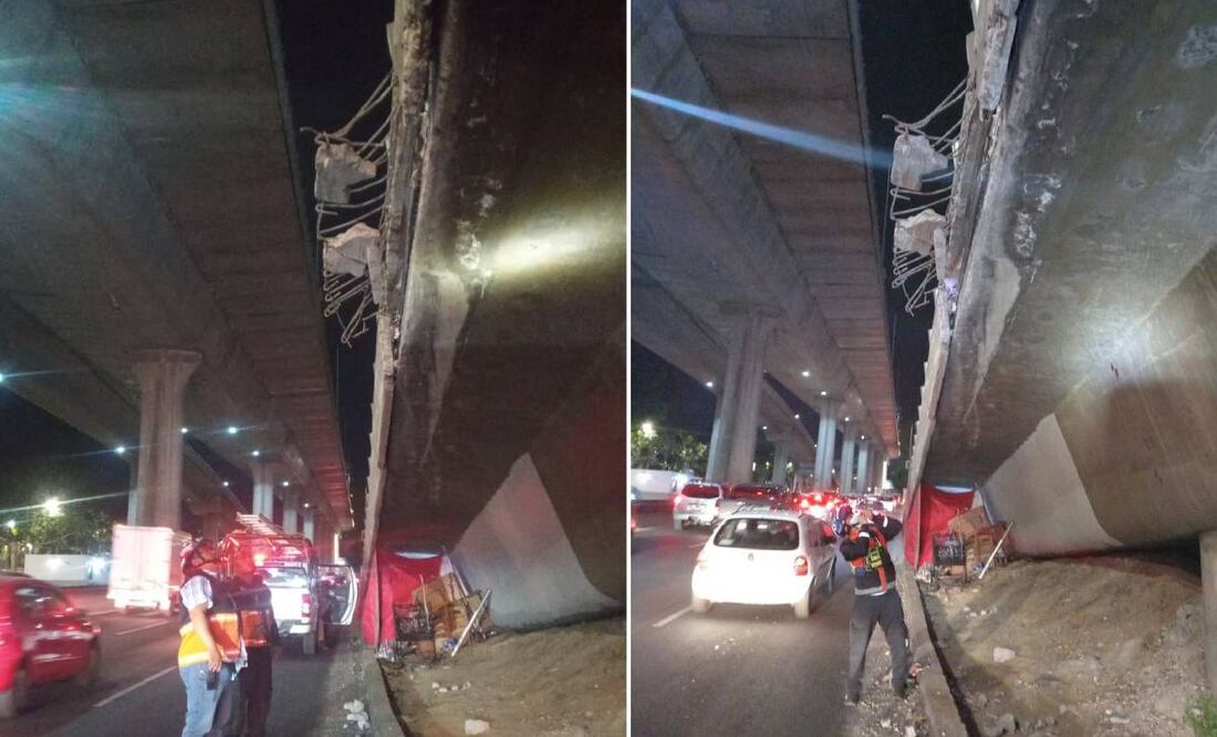 La secretaría de Obras y Servicios expuso que el faldón de recubrimiento que forma parte de los acabados de la estructura fue afectado por el paso de vehículos de carga . Foto: Especial
