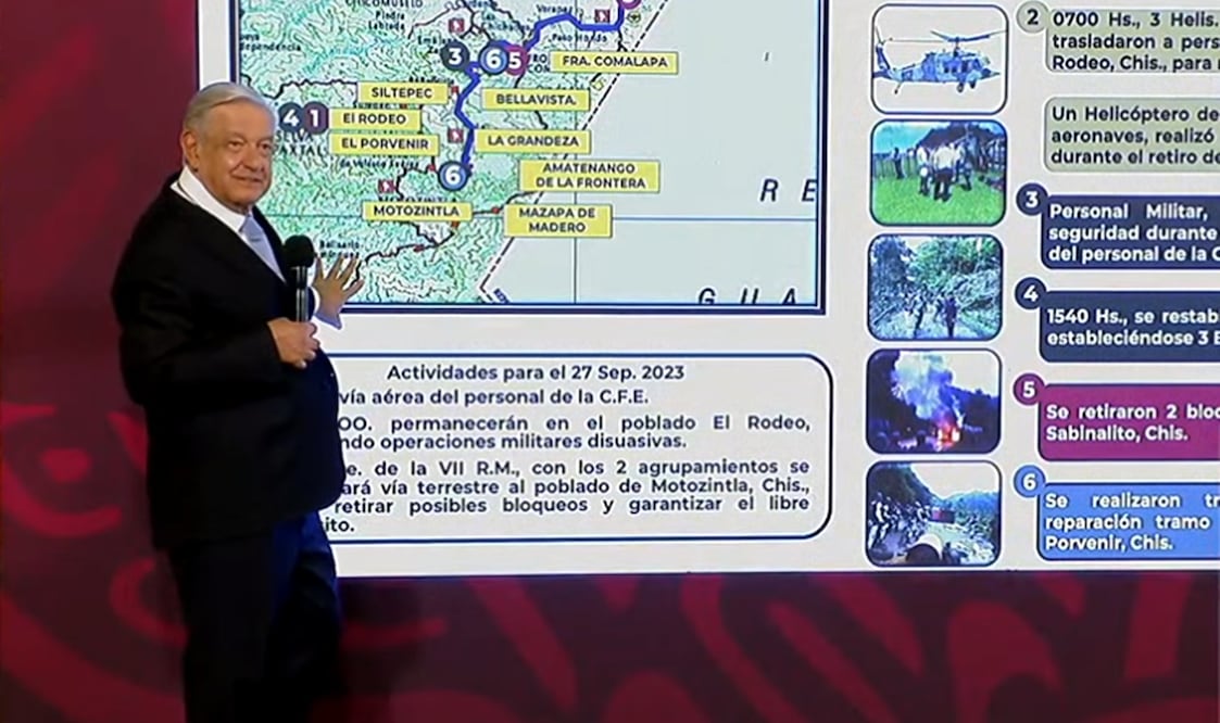 El presidente Andrés Manuel López Obrador informó que con apoyo de las Fuerzas Armadas, la CFE reestableció el servicio de energía eléctrica en los municipios de la frontera con Guatemala. Foto: especial