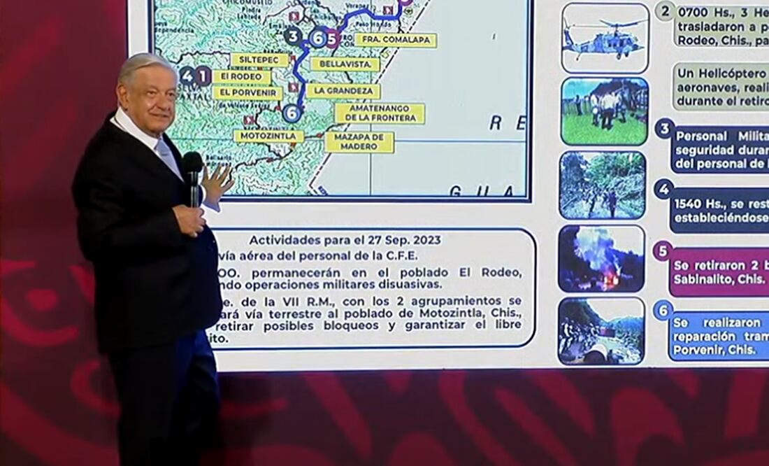 El presidente Andrés Manuel López Obrador informó que con apoyo de las Fuerzas Armadas, la CFE reestableció el servicio de energía eléctrica en los municipios de la frontera con Guatemala. Foto: especial