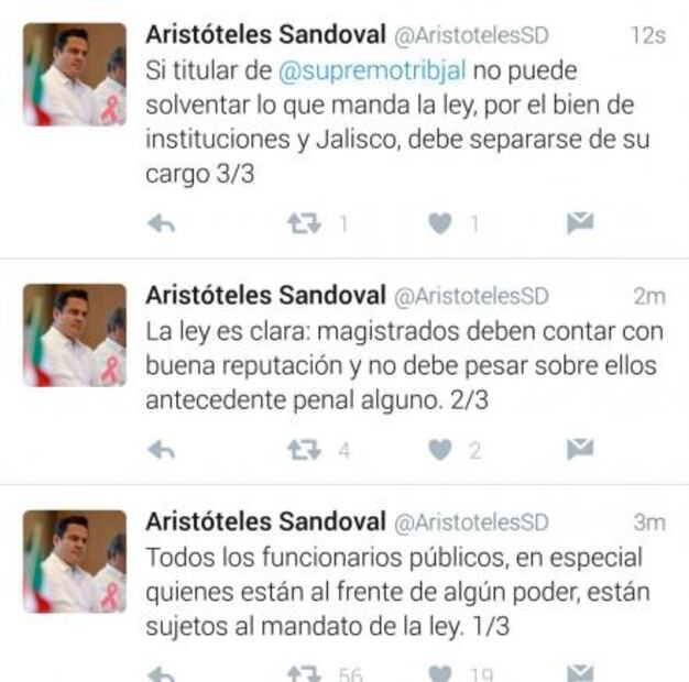 Aristóteles Sandoval pide que presidente del Poder Judicial local se separe del cargo