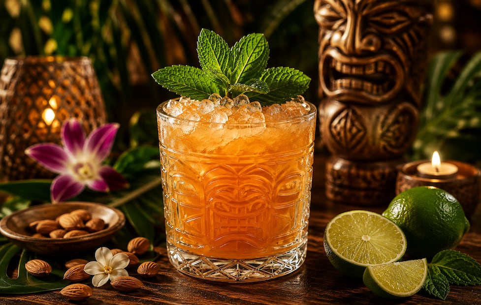 El Mai Tai es el emblema de la coctelería Tiki; resalta el perfil del ron dorado al mezclarse con cítricos y el característico dulzor del jarabe de orgeat. Foto: creada con IA.