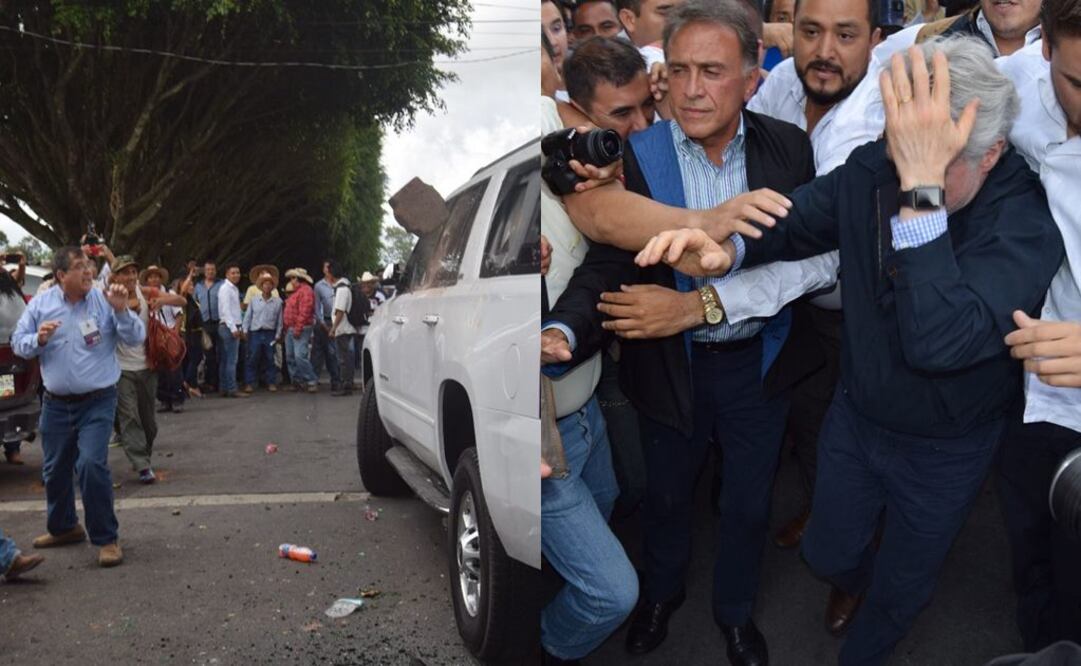 Piedras y adoquines fuerzon lanzados a la camioneta. Santiago Creel luego de la agresión en Veracruz. Fotos: Especiales