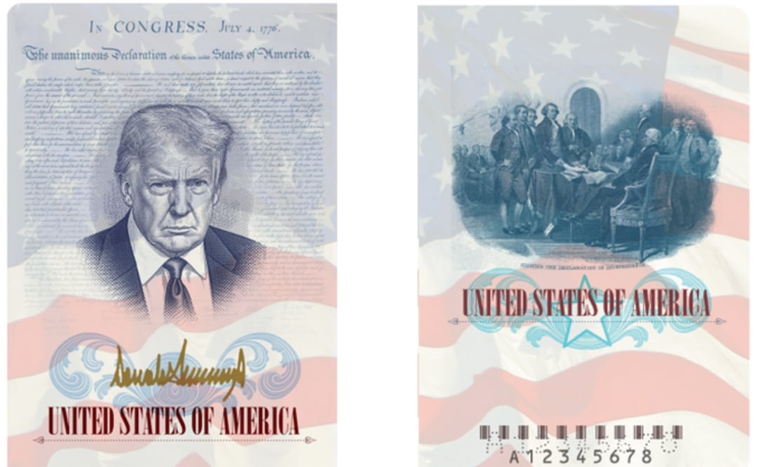 Rediseño de pasaporte de edición limitada para America250 que incluye imágenes de Donald Trump. (28/04/2026) Foto: X (@Katelyn_Caralle)