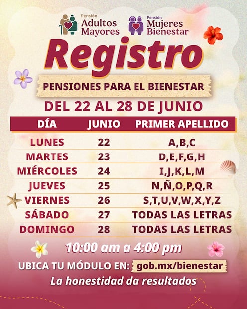 Calendario de registro a las Pensiones del Bienestar en junio de 2026. Foto: Secretaría del Bienestar