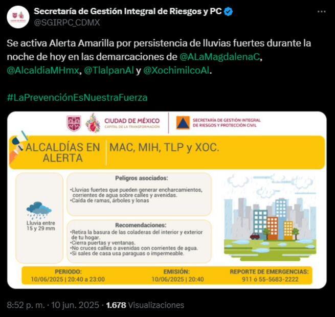 Activan alerta amarilla en 4 alcaldías de la CDMX (10/06/2025). Foto: X @SGIRPC_CDMX