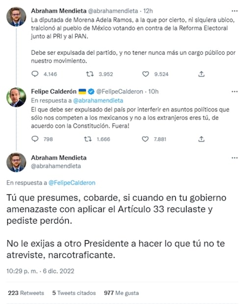 Felipe Calderón y Abraham Mendienta se enfrentan en Twitter tras rechazar la reforma electoral