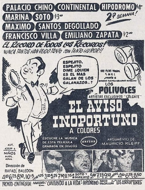 Anuncio en EL UNIVERSAL de El Aviso Inoportuno, 1969. En su segunda semana se mantuvo como el estreno más importante. Foto: Hemeroteca EL UNIVERSAL.