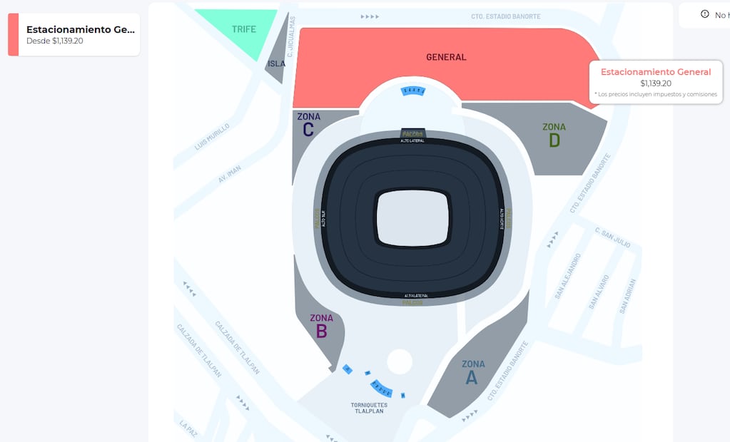 Este es el costo del estacionamiento en el Estadio Banorte. FOTO: ESPECIAL