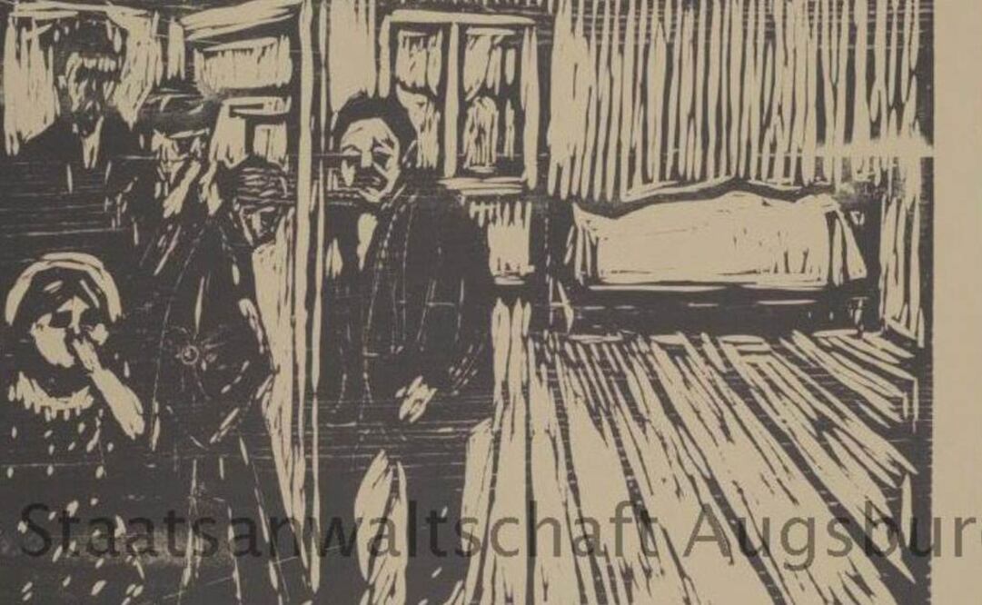 Fotografía que muestra una reproducción de la obra "Mourning House (Traurhaus, 1915), de Munch. Pertenece  al llamado "Tesoro de Munich", hallado en el sótano de Gurlitt en 2012. FOTO: Arcjovo/EFE.