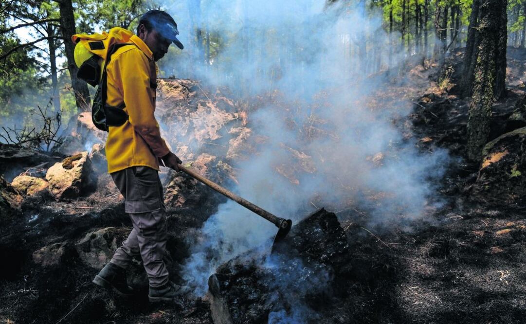 Brigadistas y voluntarios laboraron ayer en un incendio en el Paraje Laguna Seca en Tenango del Valle. Foto: Crisanta Espinosa | Cuartoscuro