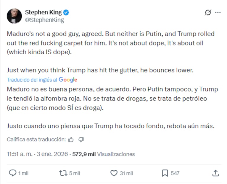 El escritor estadounidense enfatizó en la doble moral del mandatario Trump, al mostrar su apoyo a Putin y atacar a Nicolás Maduro. Foto: Captura de pantalla @StephenKing