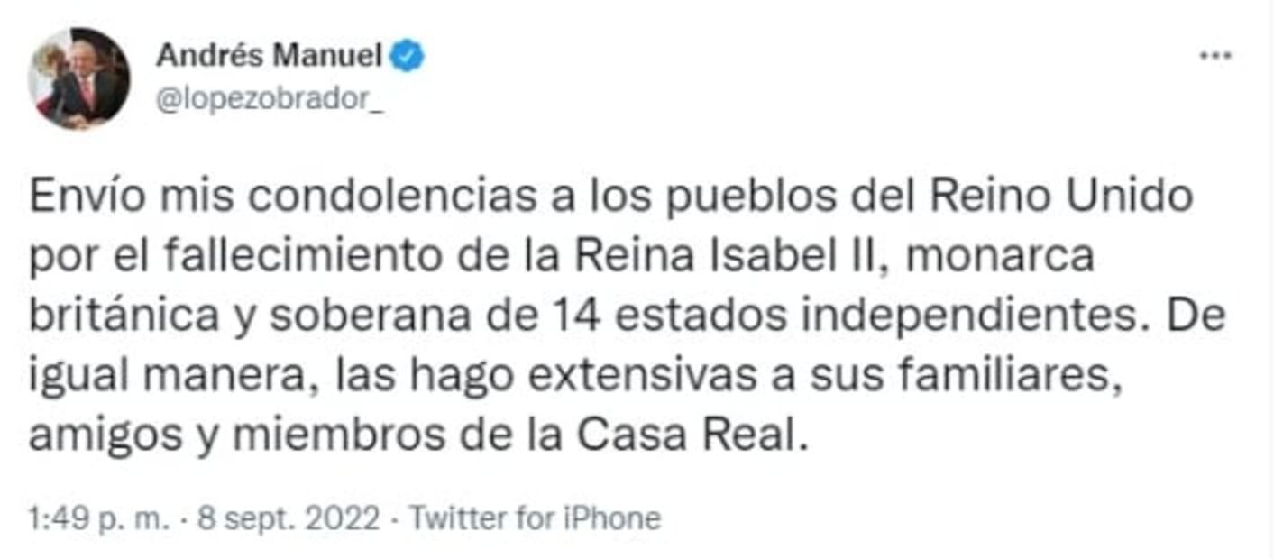 AMLO expresa sus condolencias por la muerte de la reina Isabel II