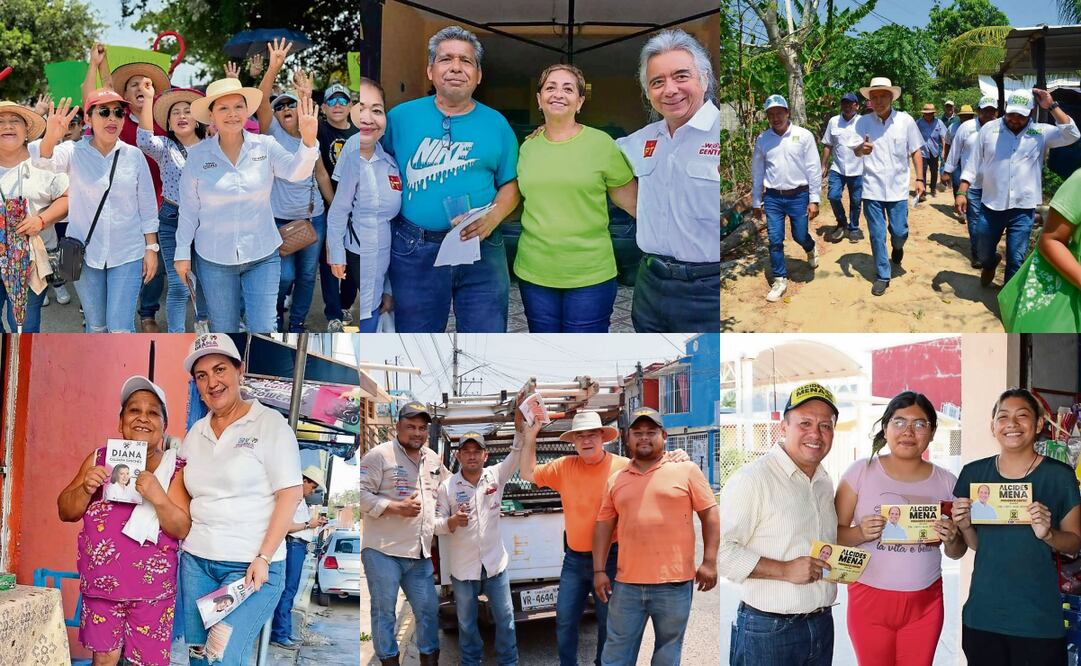 De arriba a abajo y de izquierda a derecha: Yolanda Osuna (Morena), Feliciano Wong (PT), Humberto de los Santos Bertruy (PVEM), Diana Calzada (PRI), Fernando Mayans Canabal (MC), y Alcides Mena (PRD), todos buscan la presidencia municipal de Centro. Foto: Especial