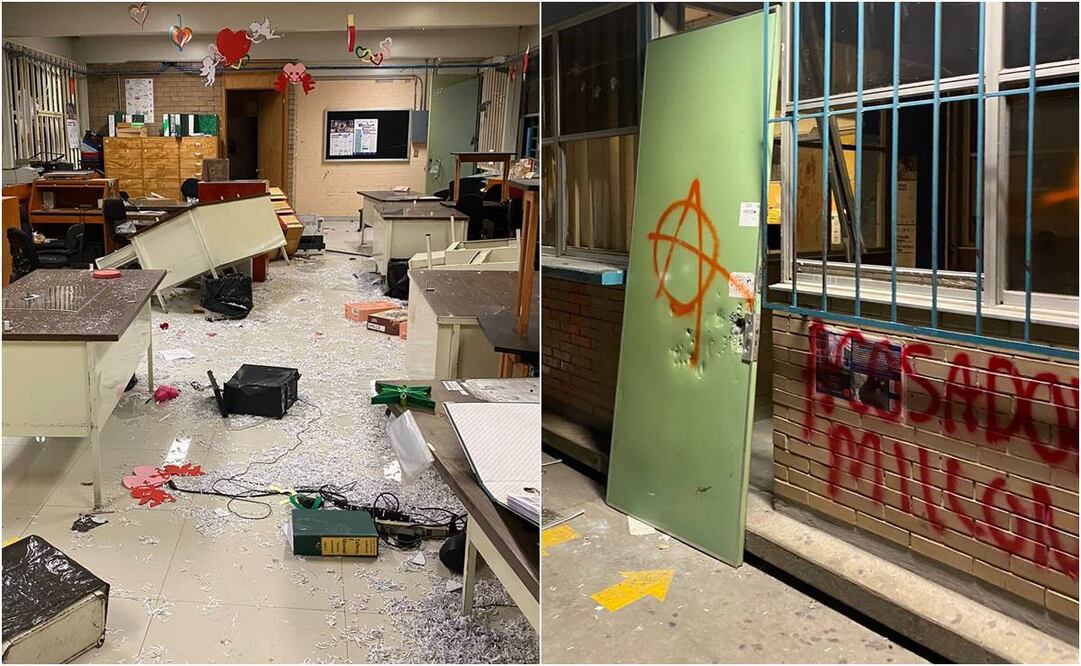 Encapuchados rompen vidrios y queman objetos en CCH Azcapotzalco. Foto: Especial.