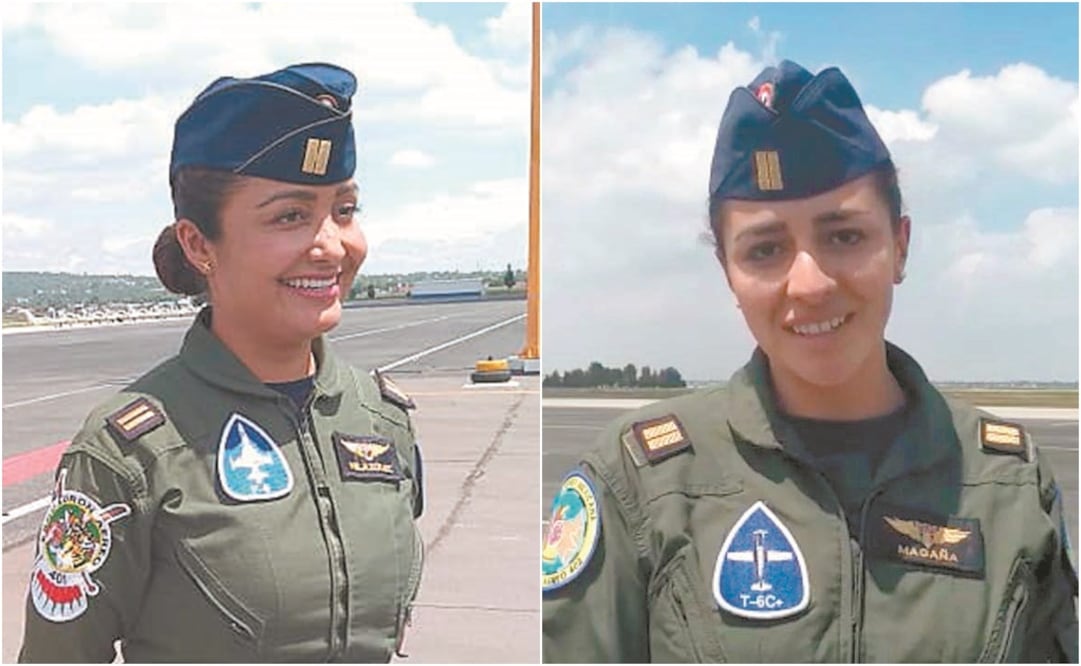 La piloto aviador Karen Vanessa Velázquez Ruiz estará al mando de uno de los cuatro aviones supersónicos F-5 y La piloto aviador Miriam Martínez Magaña comandará un Texan T6C, que se utiliza para entrenamiento. Fotos: ESPECIALES