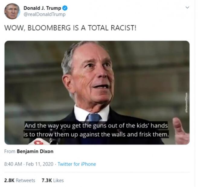 Trump llama "racista total" a Mike Bloomberg; luego borra el tuit