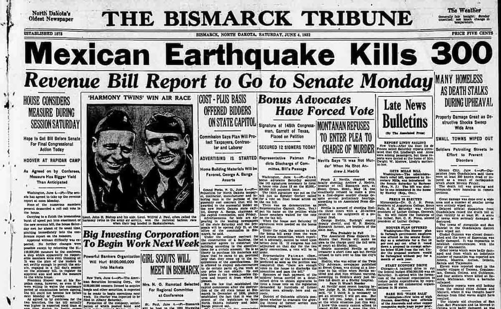 La intensidad del terremoto fue tan grande que los sismógrafos localizados en Estados Unidos registraron el movimiento telúrico, debido a las medidas recopiladas por estos aparatos, varios periódicos de diferentes Estados de Norteamérica publicaron en primera plana los sucesos, en la imagen se puede leer el titular de un periódico local de Dakota del Sur. Foto: Library of Congress/ Especial.